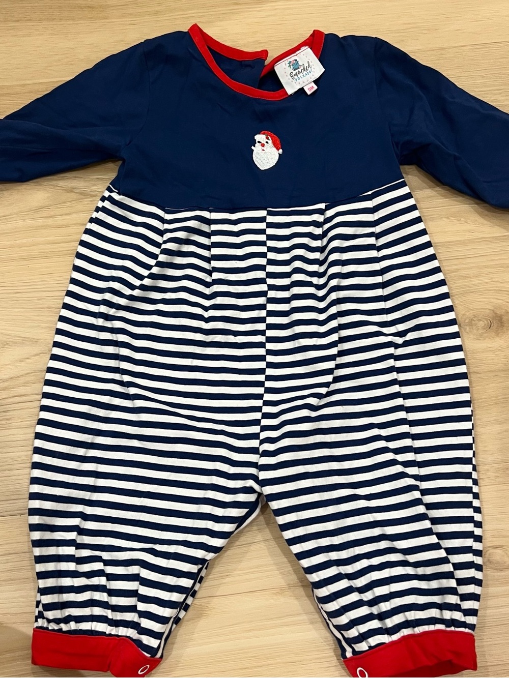 Navy & White Striped Baby One-Piece with Red Trim